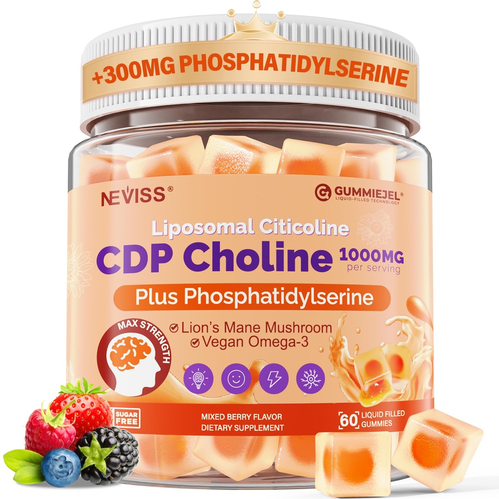 Citicoline 1000mg &amp; Phosphatidylserine 300mg Suplementos CDP Choline Gummies, Brain Supplement for Memory and Focus w/ Lion's Mane Mushroom, Omega-3, Methylfolate, B6 &amp; B12, Non-GMO,Sugar Free,60ct