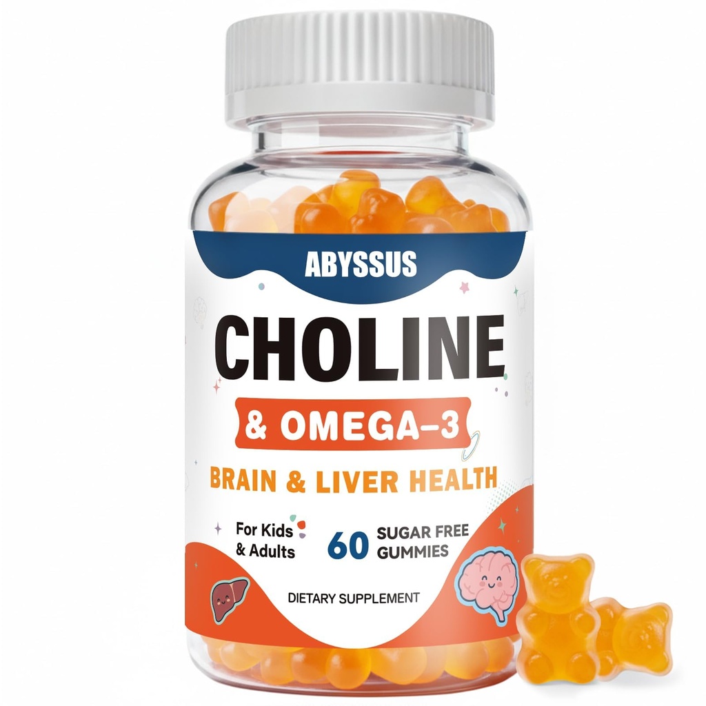 ABYSSUS Choline Gummies for Kids &amp; Adults, Sugar Free Choline Bitartrate Suplementos con Algal Omega-3 DHA EPA & Active B6 B12, Brain &amp; Liver Support, Vegan, 60 Conde