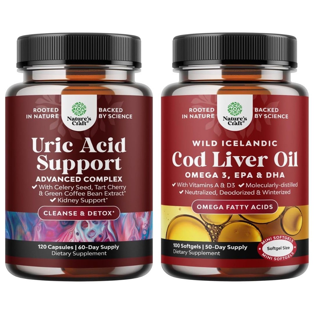 Bundle of Green Coffee Bean Extract for Uric Acid Cleanse - Turmeric Tart Cherry " Celery Seed and Icelandic Wild Caught Cod Liver Oil Softgels - Fish Omega 3 EPA DHA Vitamin D ' A 1000mg Por Serving