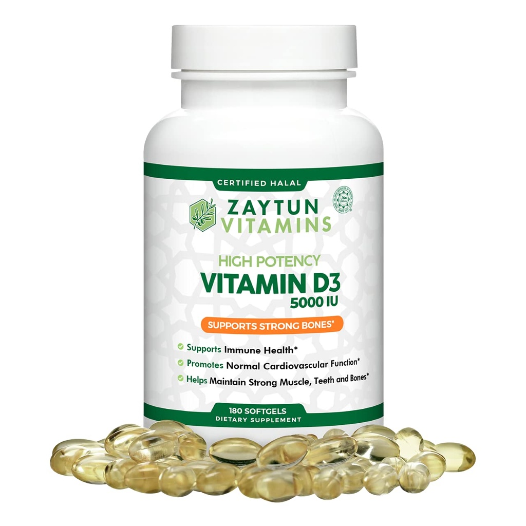Zaytun Halal Vitamina D3 5000 UI, 180 Mini Softgels, Soportes Huesos, Función del músculo saludable &amp; Immune, Vitamina Premium D de Safflower Oil, 6 Months Supply, Non-GMO, Sin gluten, Made in USA