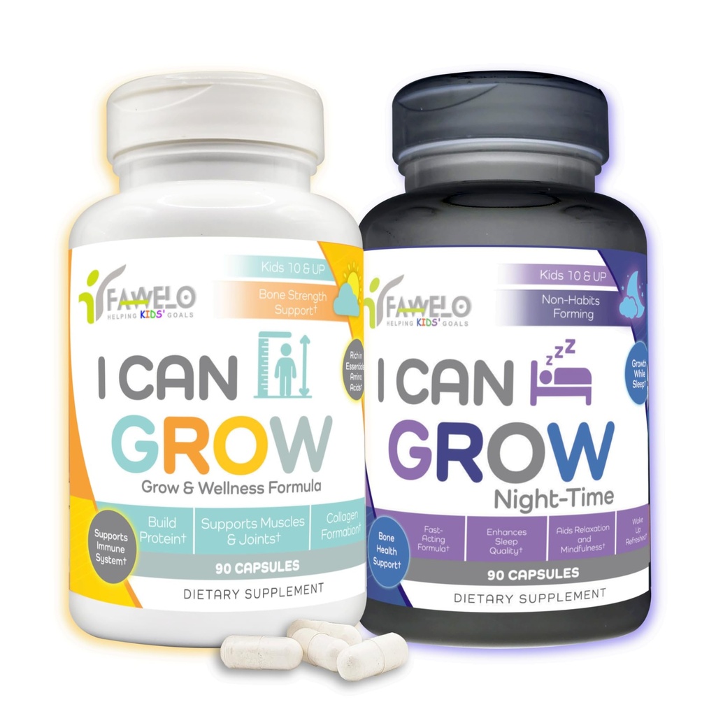 I Can Grow Day & Night Bundle for Kids 10+ " Adolescentes  durable Growth Support with L-Arginine, Colostrum, Magnesium TEN Nourish Daily + Nighttime Sleep Aid for Maximum Height &amp; Development ← 2-Pack