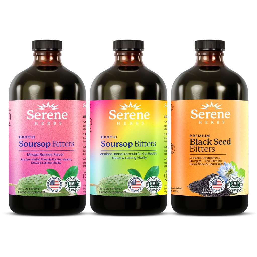 Serene Herbs Soursop Bitters Liquid, Mixed Berries & Black Seed Triple Bundle – Organic Herbal Guanabana for Digestive Support & Immune Health – Vegan, Non-GMO – 48 oz (16 oz cada uno), 3 Pack