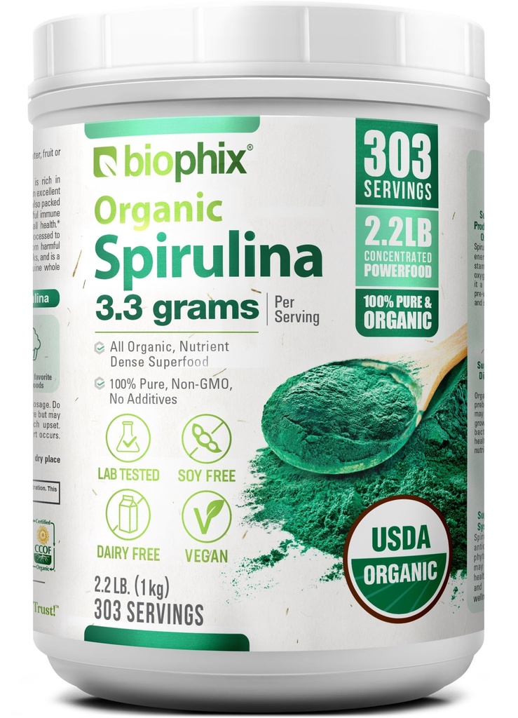 biofix Orgánica Spirulina Powder, 2.2 Lbs 100% Pura Spirulina Blue Green Algae Powder, Vegan, No GMO, No Irradiated, USDA Certified, Best Protein Superfood