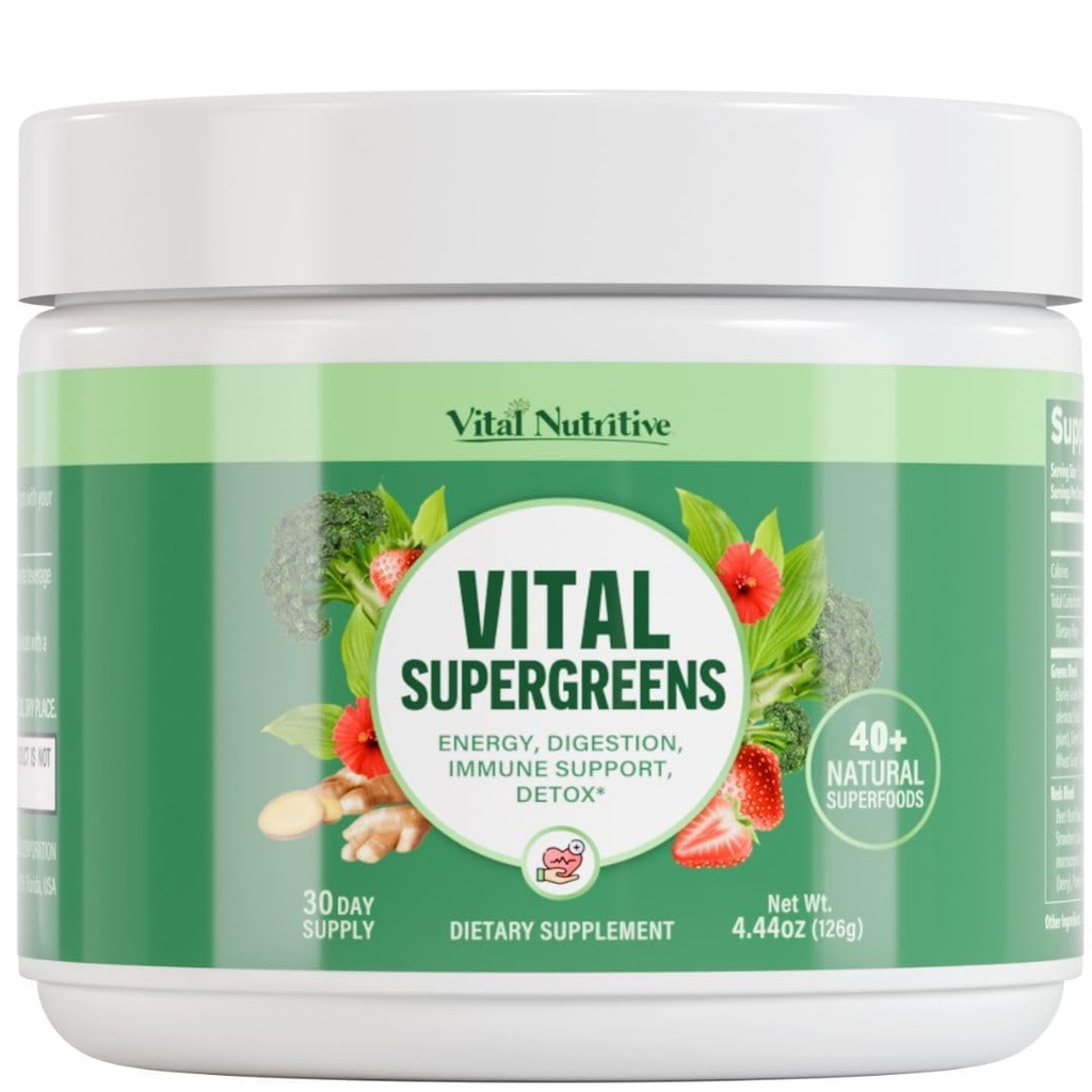 Vital Greens Superfood Powder – Nueva Fórmula con 40+ Superfoods Daily Green Drink Powder w/Probióticos – Supergreens for Energy, Gut Health, Digestion Support, Plant-Based, Vegan Superfoods