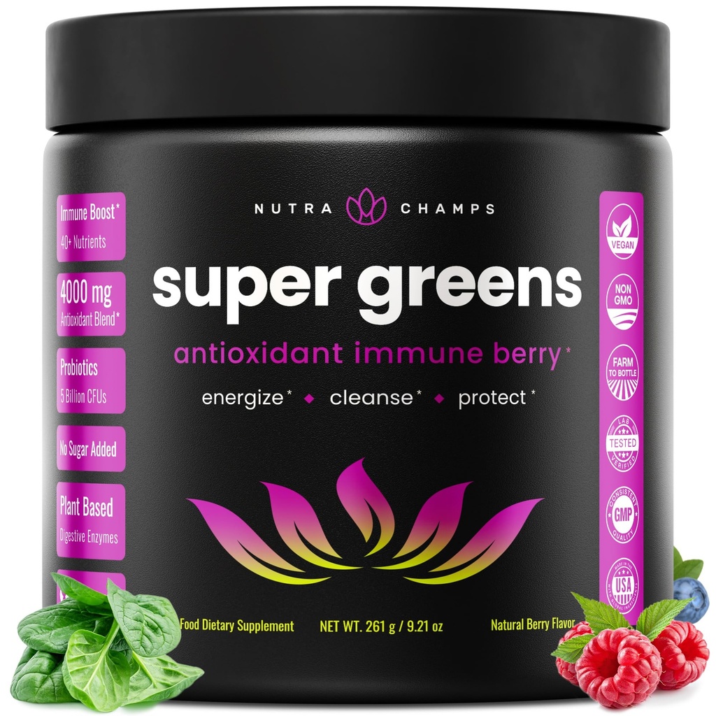 NutraChamps Super Greens Powder Premium Superfood ← 20+ Organic Green Veggie Whole Foods TEN Wheat Grass, Spirulina, Chlorella ANTE Antioxidante, Enzyme Digestivo &amp; Blends Probióticos (9.1 OZ, Antioxidante)