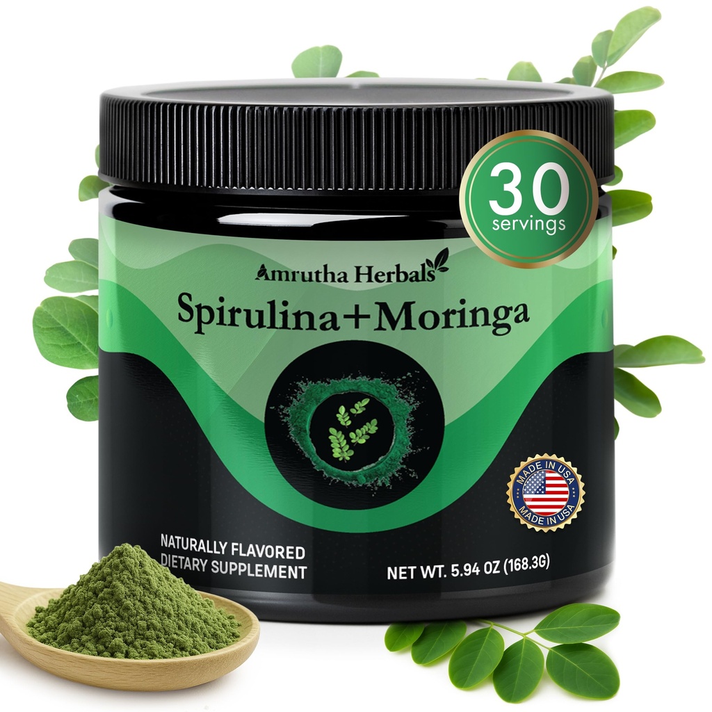 Orgánica Spirulina + Orgánica Moringa Verde Polvo, Libre de gluten, Vegan Amistad, Detox &amp; Digest, Superfoods 30 Servings Made in USA