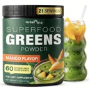 Total Tea Super Verdes Suplemento de Polvo, Verdes, Frutas, Verduras, Bebida Vegana con Spirulina, Clorella y Vitaminas 25 Servimientos - Mango
