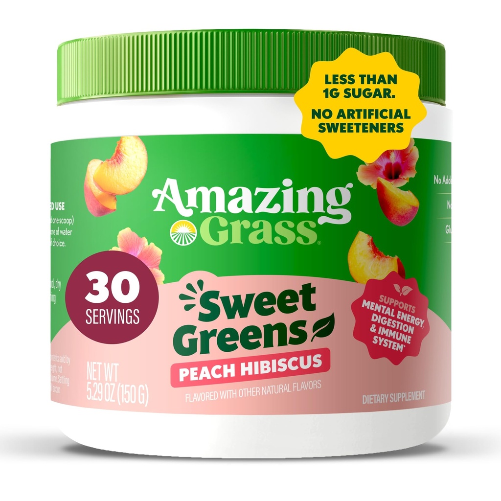 Increíble Grass Sweet Greens and Superfoods Powder for Digestive Health, Greens Powder, Digestive Enzymes, Probiotics, Spirulina, Clorella, Peach Hibiscus, 30 Servings