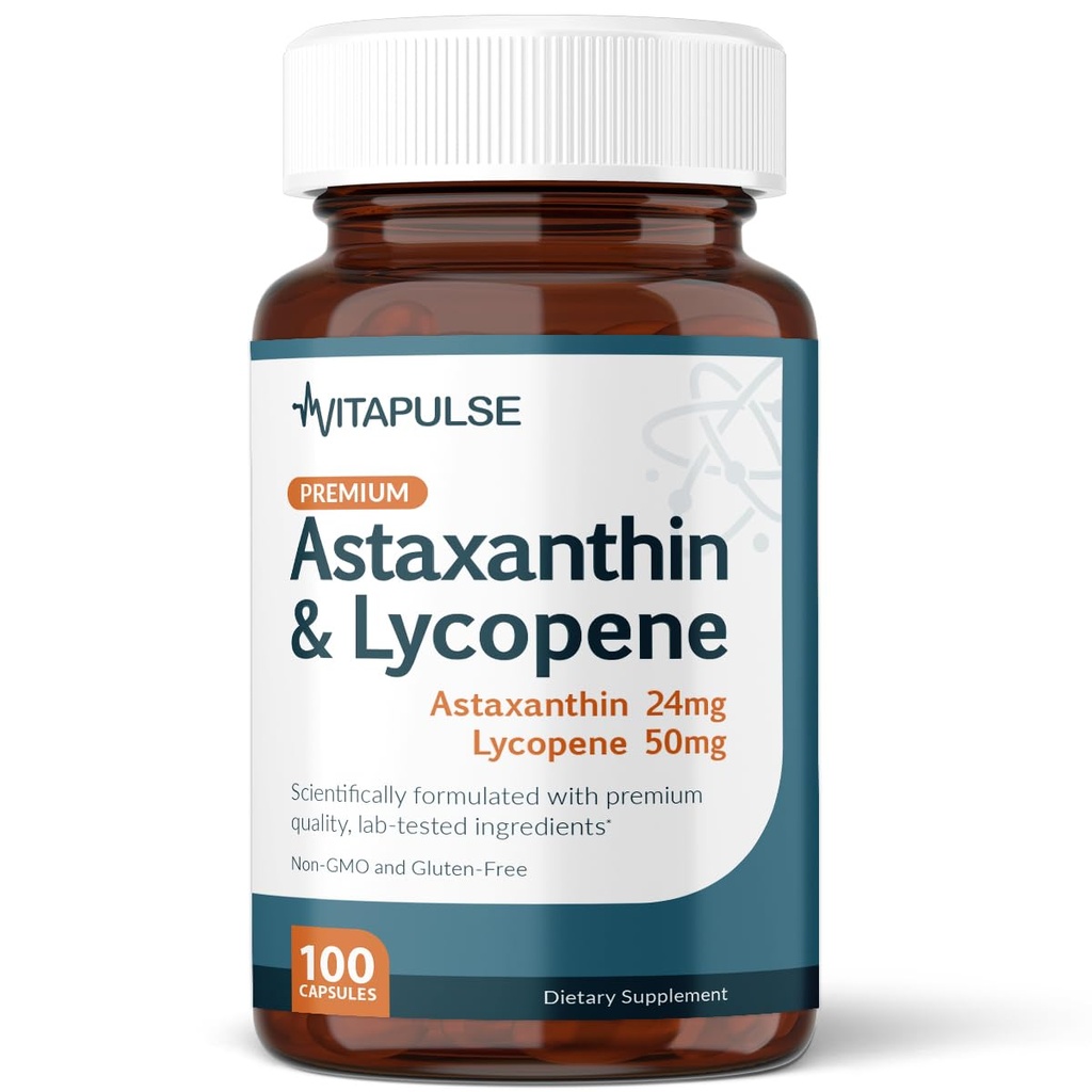 Astaxanthin 24mg con Lycopene 50mg Suplemento, 100 cápsulas vegetarianas, no GMO, Gluten Free