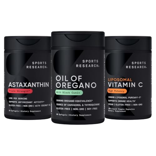 Sports Research® Antioxidant Support Pack - Oil of Oregano 9500mg + Triple fuerza Astaxanthin 12mg + Liposomal Vitamina C Suplemento 1000 mg