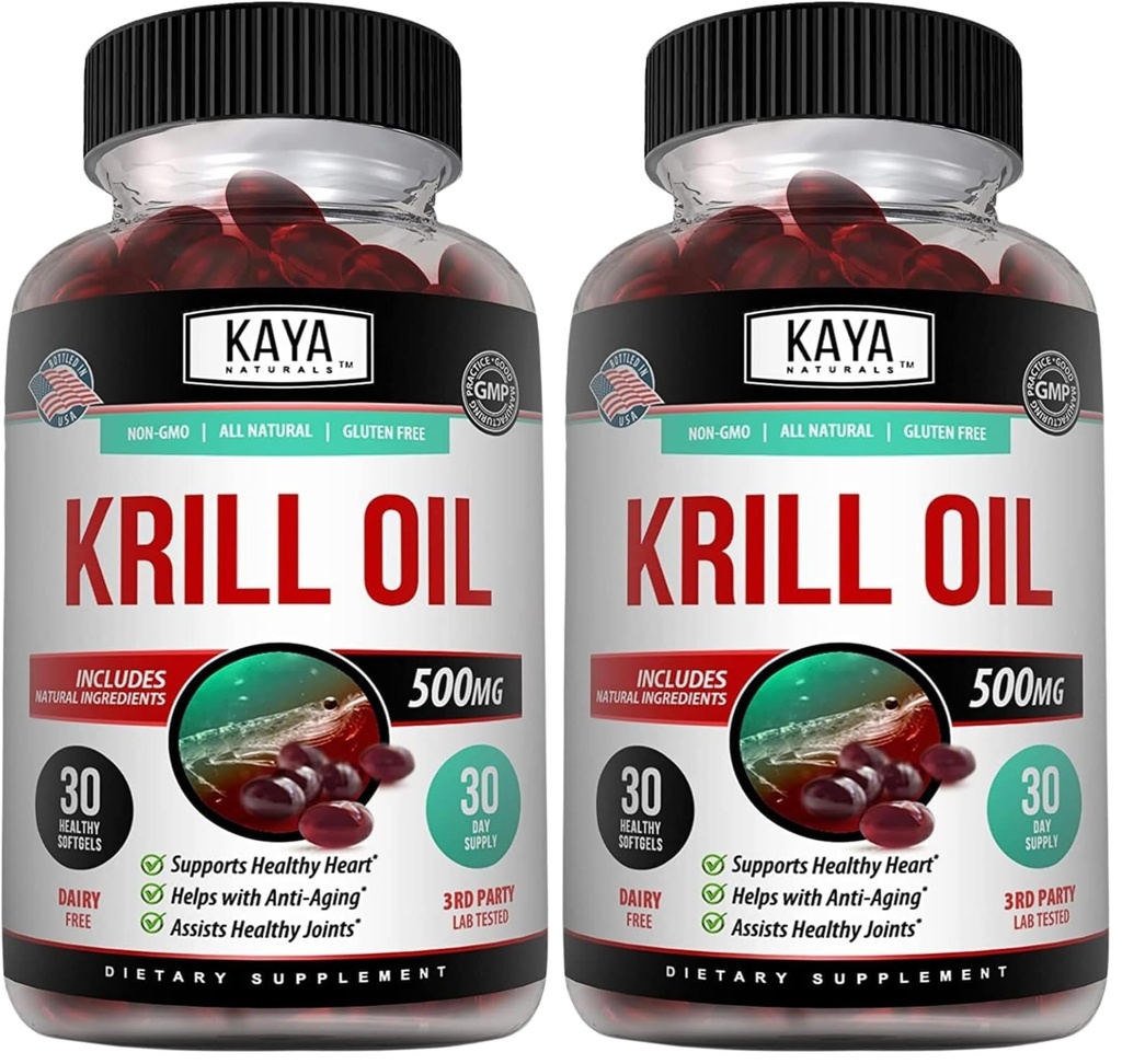 Kaya Naturals - Antártico Krill Oil 500mg con Omega 3, EPA, DHA, Phospholipids &amp; Astaxanthin Suplemento - Cerebro &amp; Salud Vitamina - Anti envejecimiento Suplemento - 30 cuenta de Softgels (Pack de 2)
