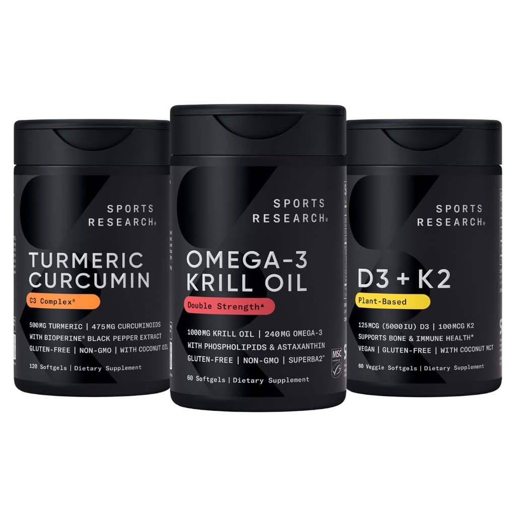 Investigación Deportiva Antártida Krill Oil Omega 3 1000mg (con fosfolípidos, Choline " Astaxanthin), Complejo Turmérico de Curcumina C3 (con Bioperina Black Pepper " Coconut Oil) " Vitamina D3 + K2