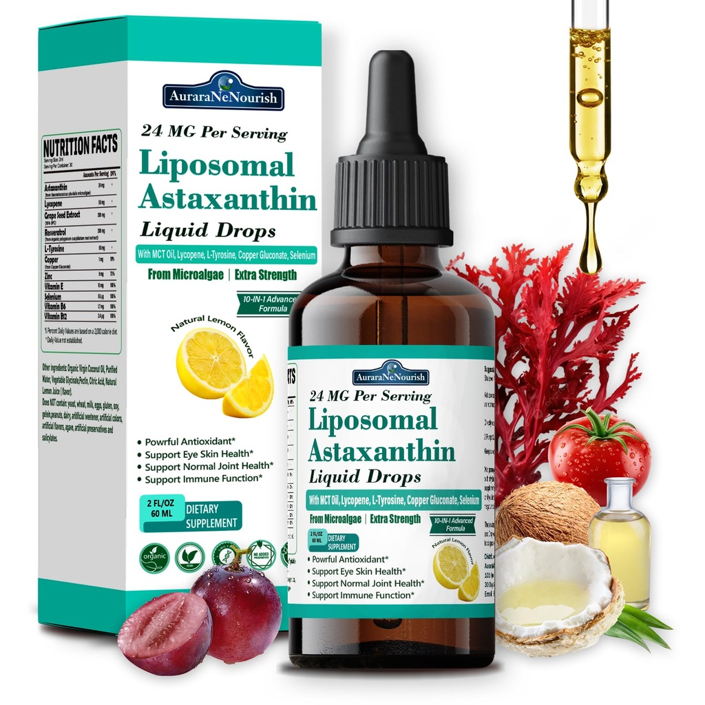 Liposomal Astaxanthin 24mg Liquid Drops, 11-en-1 Antioxidant with MCT Oil, Lycopene & Organic Coconut Oil, Fresh Microalgae Source, Supports Eye Skin Joint Health for Women &amp; Men, Lemon Flavors