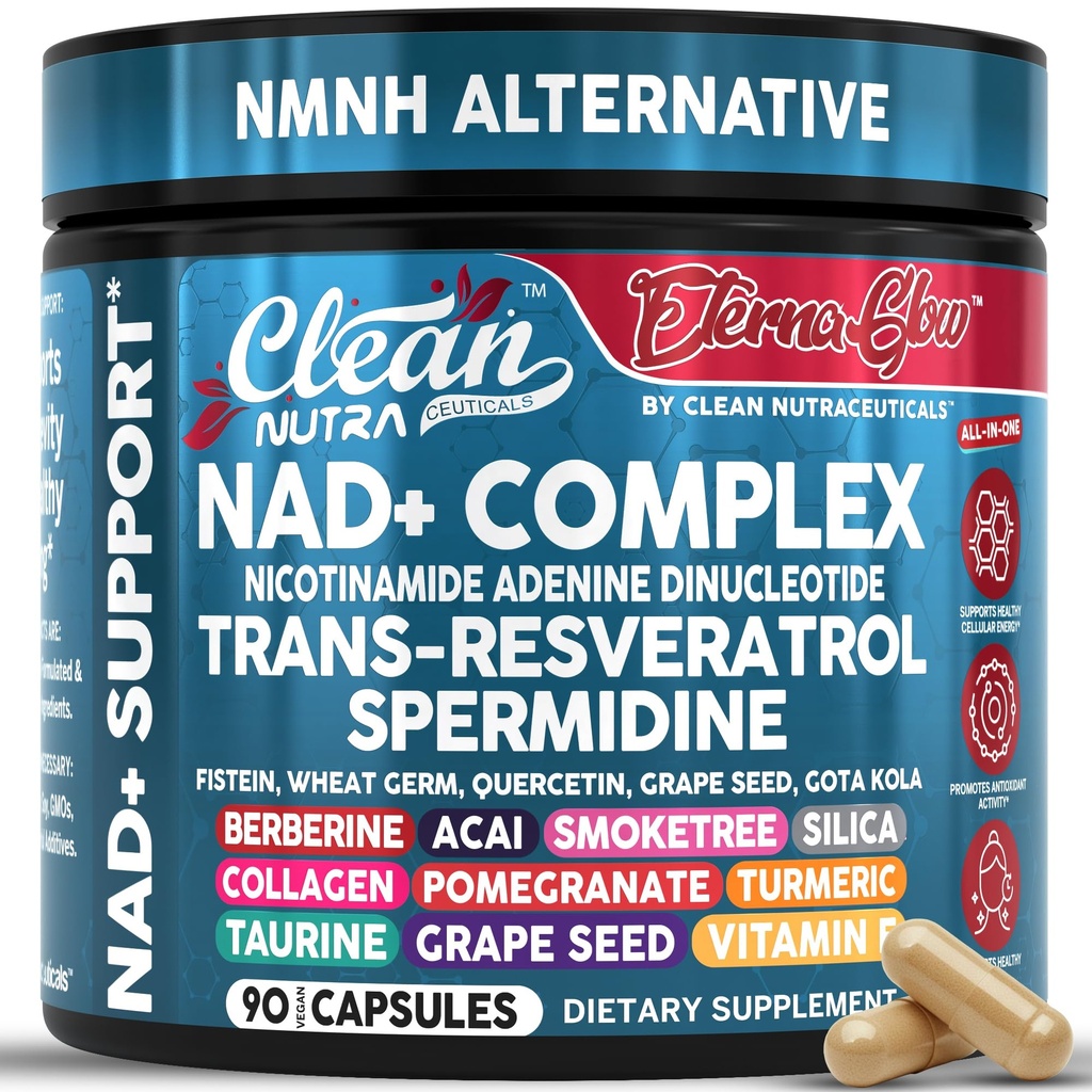 NAD Resveratrol Suplemento Spermidine Fisetin Quercetin Grape Seed Gotu Kola Berberine Astaxanthin Taurine Pomegranate Acai Anti Aging Longevity Capsules for Women Men EternaGlow by Clean Nutra 90ct