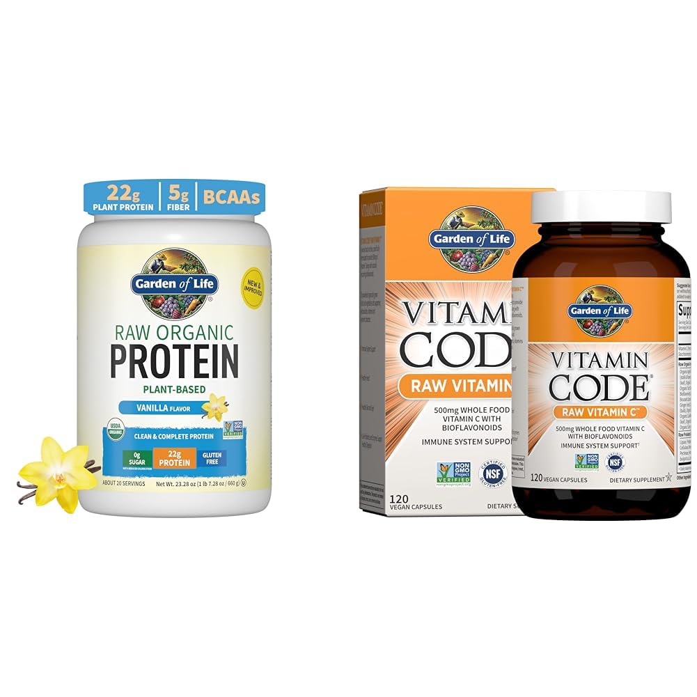 Jardín de la vida Orgánica Vainilla Vegana Proteína Polvo 22g - Código de vitamina C 120 Capsules Bundle