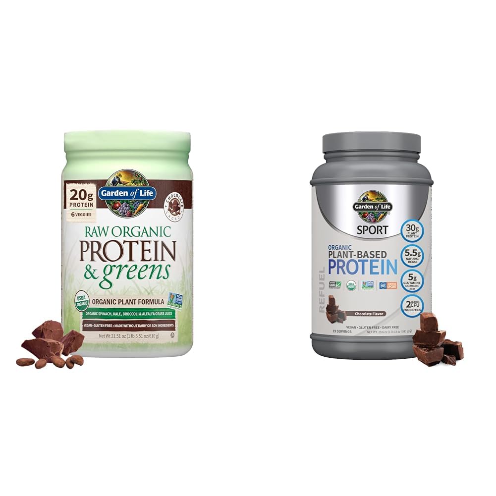Garden of Life, Powder Protein Greens Chocolate Orgánico, 22 onzas &amp; orgánico Vegan Sport Protein Powder, Chocolate - Probióticos, BCAAs, 30g