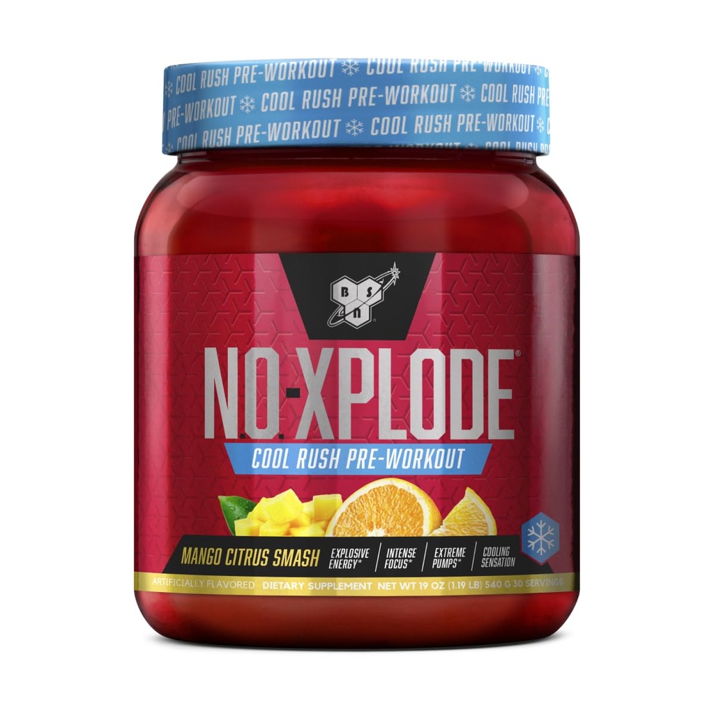 BSN N.O.-XPLODE Cool Rush Pre Workout Powder, Preworkout Energy Supplement for Hombres and Women with Creatine and Beta-Alanine, Mango Citrus Smash, 30 Servings, 1.2 Pound (Packaging May Vary)