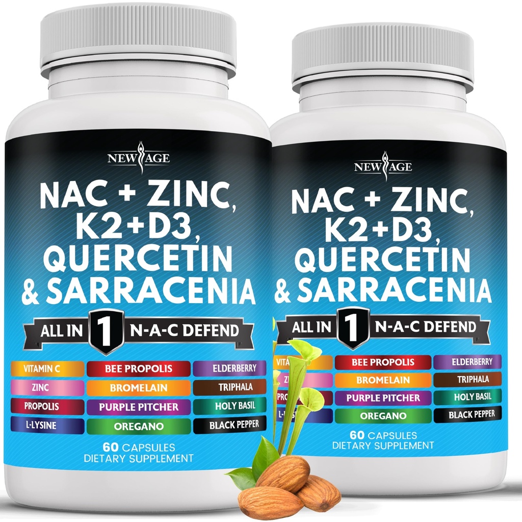 NEW AGE NAC Suplemento N-Acetyl Cysteine- con Vitamin D3, K2, Zinc, Quercetin, Triphala, Sarracenia Purpurea, Elderberry, Holy Basil, Bee Propolis, Bromelain, L-Lysine - 120 Conde