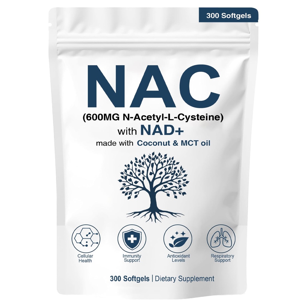 NAC 600mg No GMO, Gluten Free,Organic NAC Suplemento N-Acetyl Cysteine Capsules con NAD+ para Celular & Lung Health, 300 Softgels