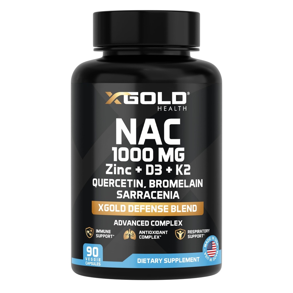 XGold Health NAC 1000 mg con Quercetina 95%, Bromelain, Zinc, Vitamina C, D3 &amp; K2 Immune Support &amp; Antioxidante Suplemento Advanced Defense Blend 90 Veggie Capsules