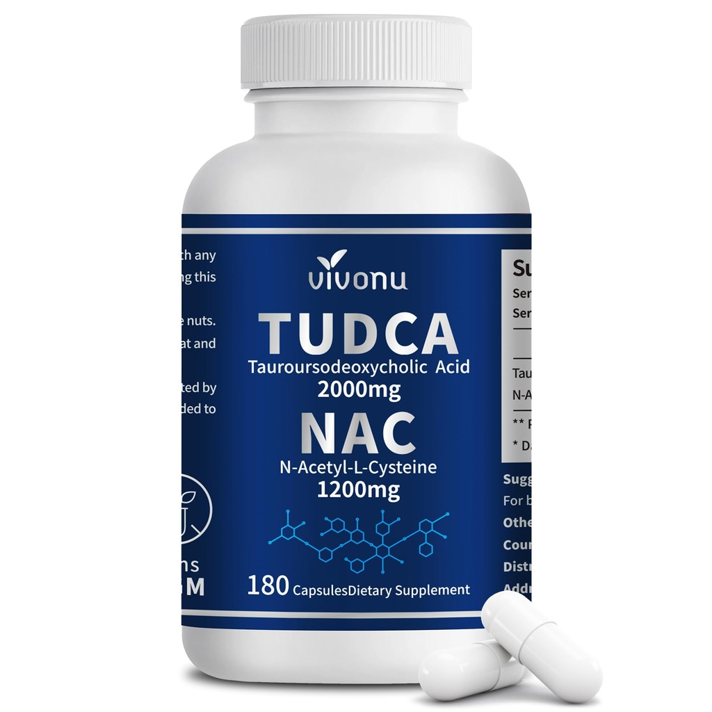 VivoNu TUDCA 2000mg + NAC 1200mg Suplemento Complejo Cápsulas, Potente TUDCA Bile Salt + N Acetyl Cysteine, Suplementos Antioxidantes para Hígado &amp; Lung plagado de limpieza, Digestión - 180 Cápsulas