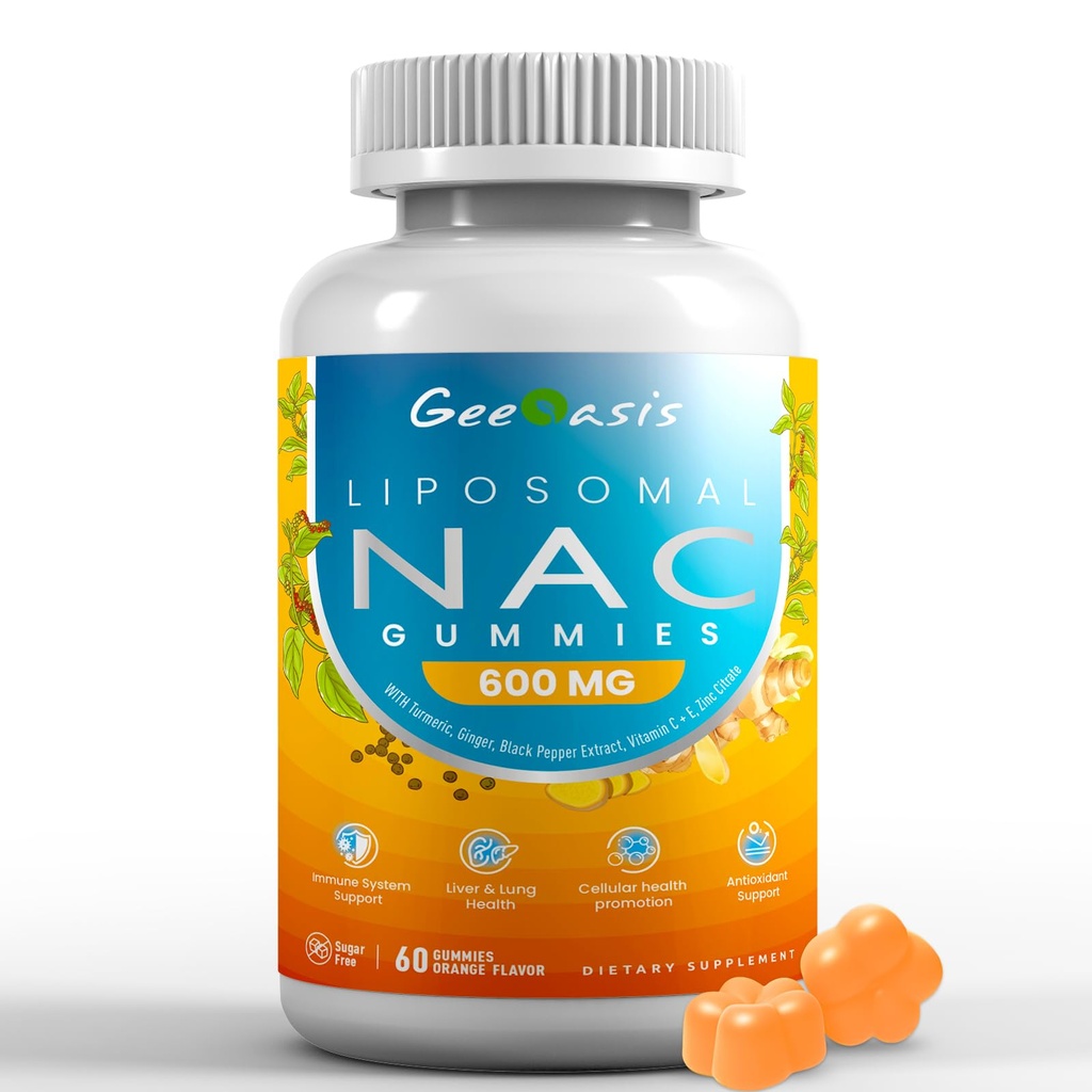 Liposomal NAC Gummies 600mg, N-Acetyl Cysteine Suplemento para Adultos Niños, con Turmeric, Ginger, Black Pepper, Immune, Liver &amp; Lung Support, Antioxidant, Sugar-Free Pineapple Flavor, 60 Condes