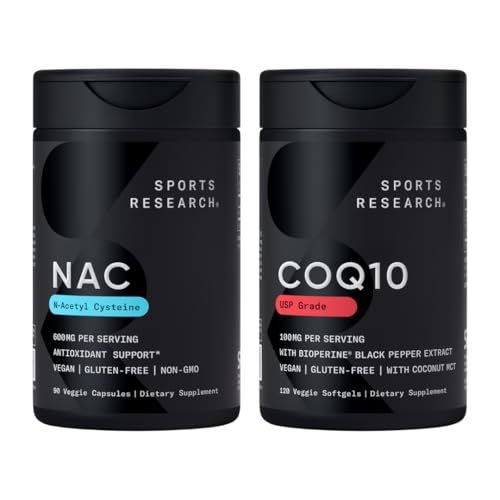 Sports Research® Antioxidant Support Pack - N-Acetyl L-Cysteine (NAC) 600mg, CoQ10 100mg Enhanced w/Coconut Oil & Bioperine - Vegan · No GMO · Gluten Free