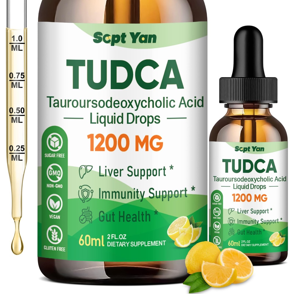 TUDCA Suplemento 1200mg gotas líquidas, Suplemento de hígado con TUDCA, NAC, Semillas de cardo de leche y Dandelion , para soporte para hígado, y limpieza de la vesícula , libre de azúcar, Vegan, sabor de limón, 2 Fl Oz