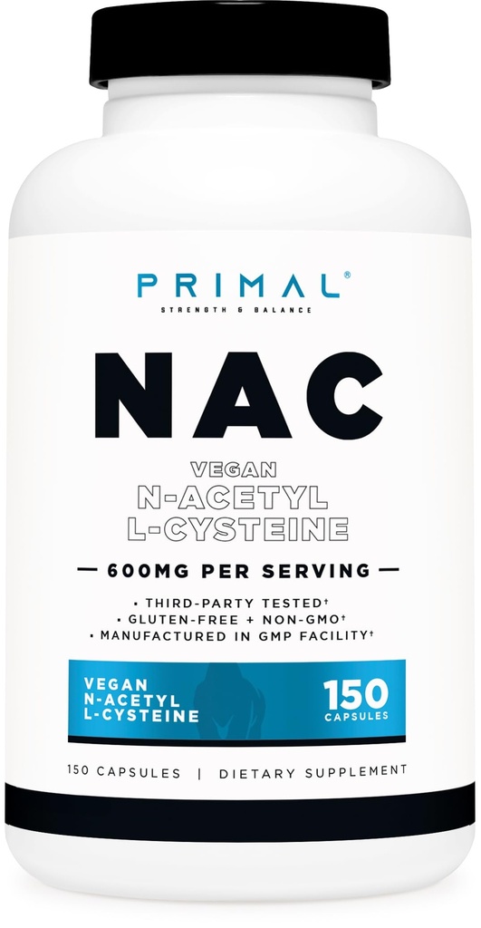 Primal N-Acetyl L-Cysteine (NAC) 600mg, 150 cápsulas - Vegan N-Acetyl L-Cysteine Suplemento, GMO-Free, Gluten-Free