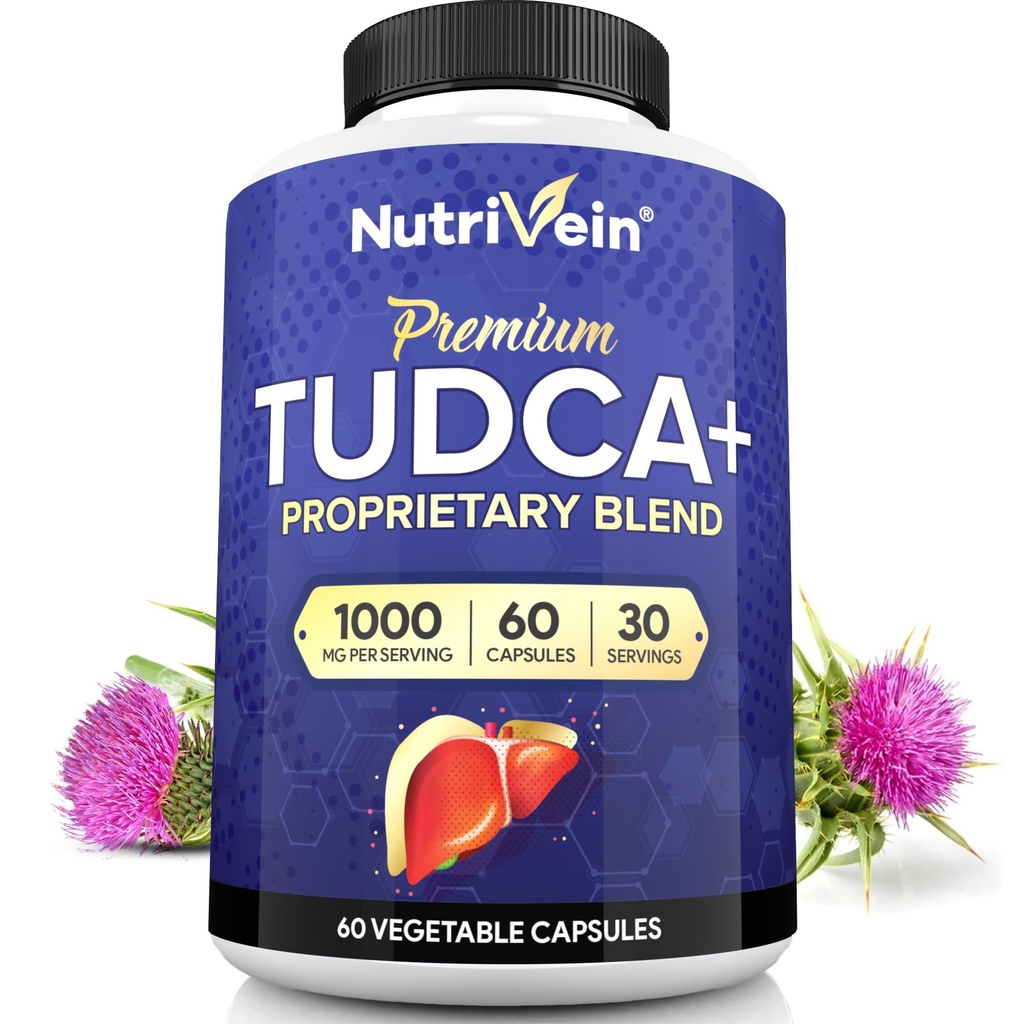 Nutrivein Premium TUDCA+ Suplemento de soporte para hígado 1000mg - 30 Day Supply (60 Caps): TUDCA Suplemento Salts para el bienestar del hígado