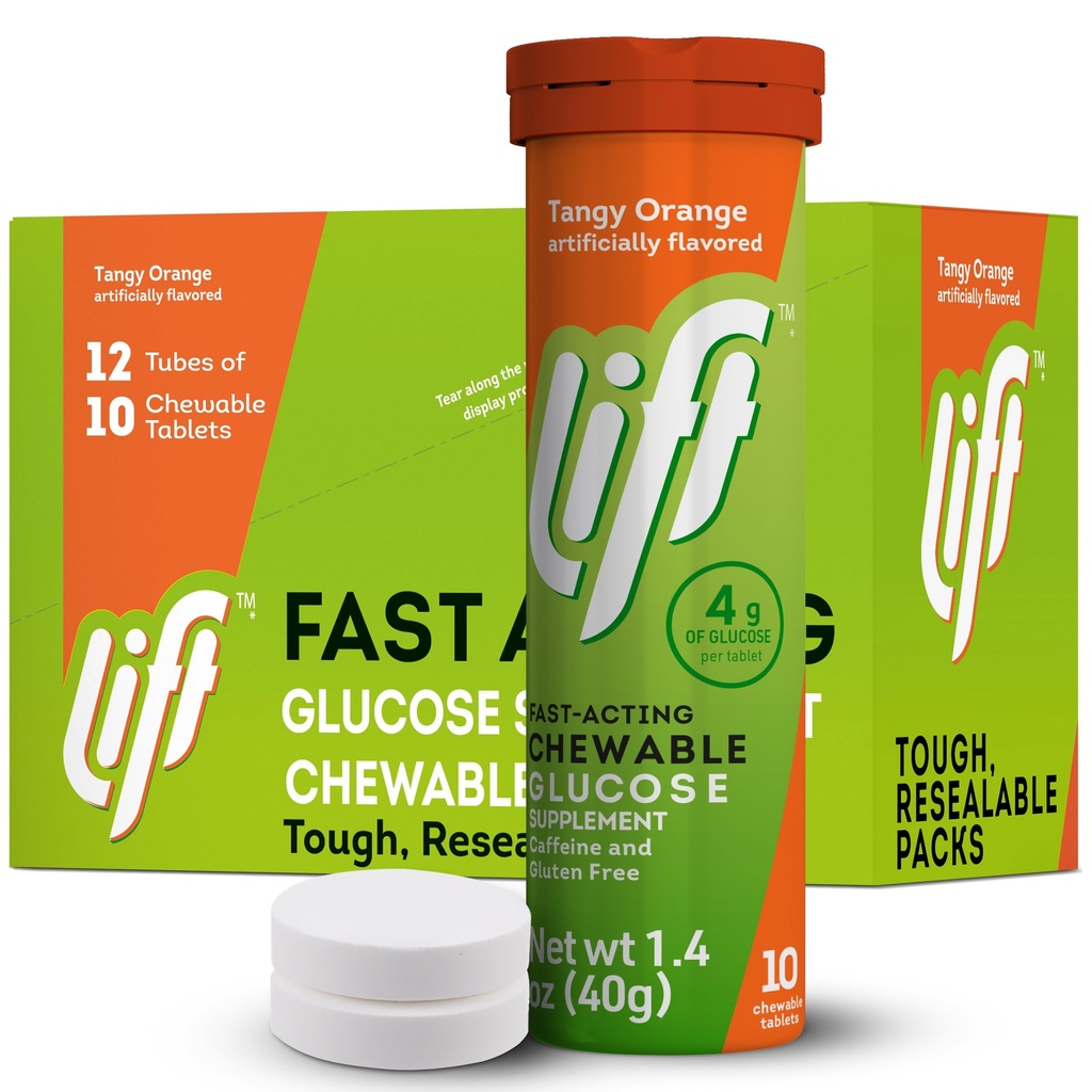 Glucose de elevación Glucose de acción rápida Tablas de energía Chewable, Naranja, tubo de 10 ct (Pack of 12)