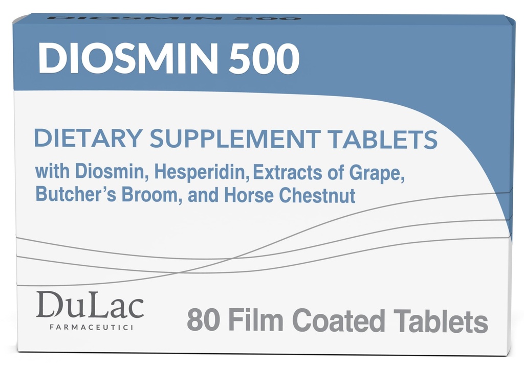 Dulac Diosmin 500, Micronized Diosmin Hesperidin Suplemento dietético 1000mg por servidumbre, Extracto de Castaña de Caballo, Extracto de Pecho Rojo de Carnicero, Apoyo a la Circulación Legislativa, 80 Tabletas, Hecho en Italia
