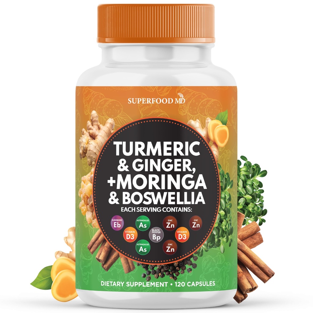 Turmeric Moringa Suplemento Silencioso Ginger, Boswellia, Saffron, Holy Basil- Joint Support Supplement for Women and Men with Ceylon Cinnamon, Quercetin, Tart Cherry- 120 Count