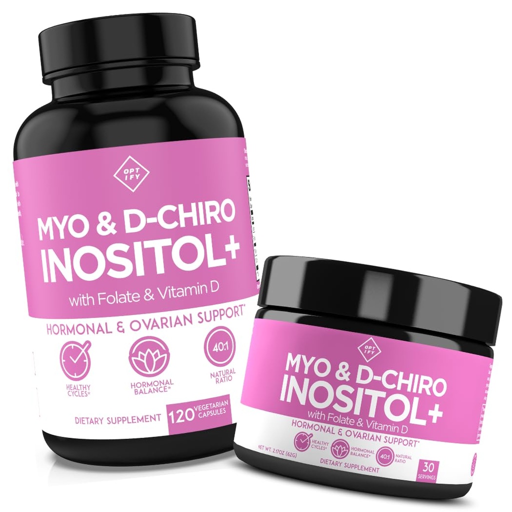 Optify Inositol Supplement Bundle – Myo-Inositol, D-Chiro Inositol, Folate " Vitamin D – Capsule " Powder – 60-Day Supply – Hormone " Ovarian Support