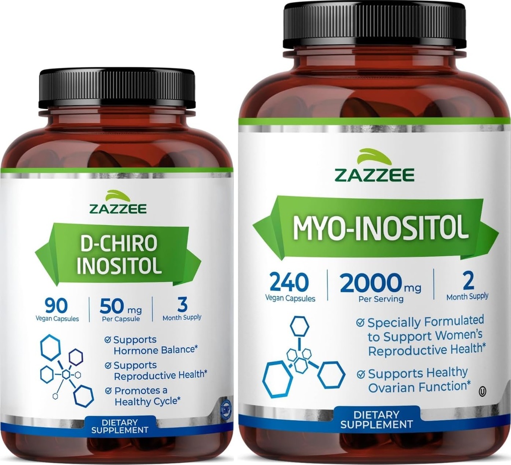 Zazzee 40:1 Ratio Myo y D-Chiro Inositol Suplemento para Mujeres Silenciosos D-Chiro y Myo Inositol Capsules para la Regulación del Ciclo Soporte Ovárico &amp; Saldo de Hormonas Globales para Mujeres - Vegan & ISO Lab Tested