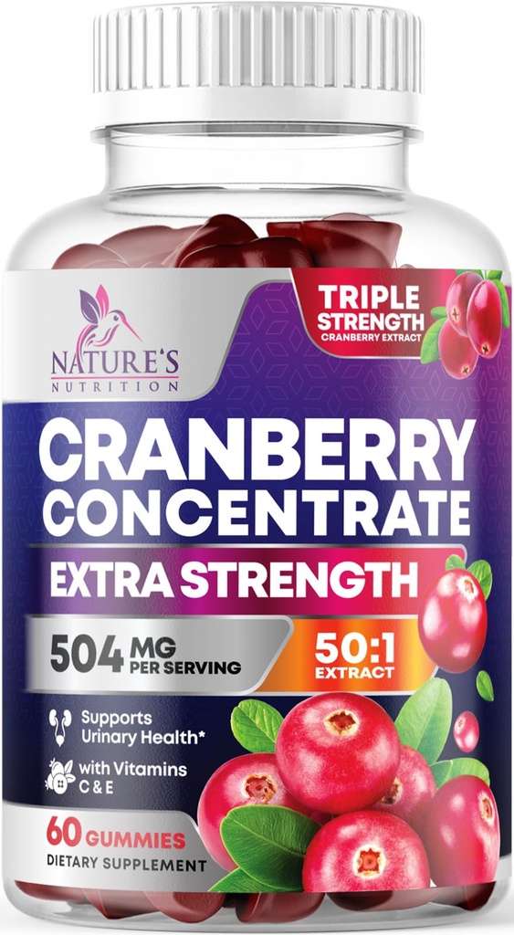 Cranberry Gummies 50:1 Cranberry Extract - Urinary Tract Support Made with 25,000mg, Helps Cleanse &amp; Protect, Cran Berry Gummy Suplemento + Vitamina C, Chewable Cran Pills for Women - 60 Gummies