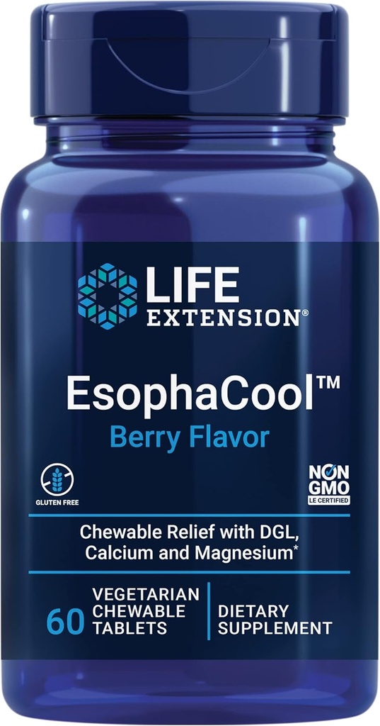 Extensión de vida EsophaCool - Gut Health Supplements with Calcium, Magnesium & DGL Licorice Root Extract for Healthy Digestion Stomach Relief " PH Balance - Gluten-Free, Vegetarian - 60 Chewable Tablets