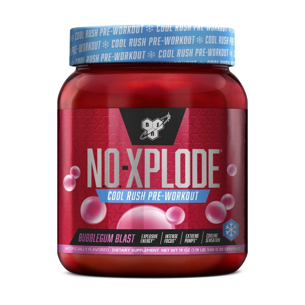 BSN N.O.-XPLODE Cool Rush Pre Workout Powder, Preworkout Energy Supplement for Hombres and Women with Creatine and Beta-Alanine, New Flavor: Bubblegum Blast, 30 Servings