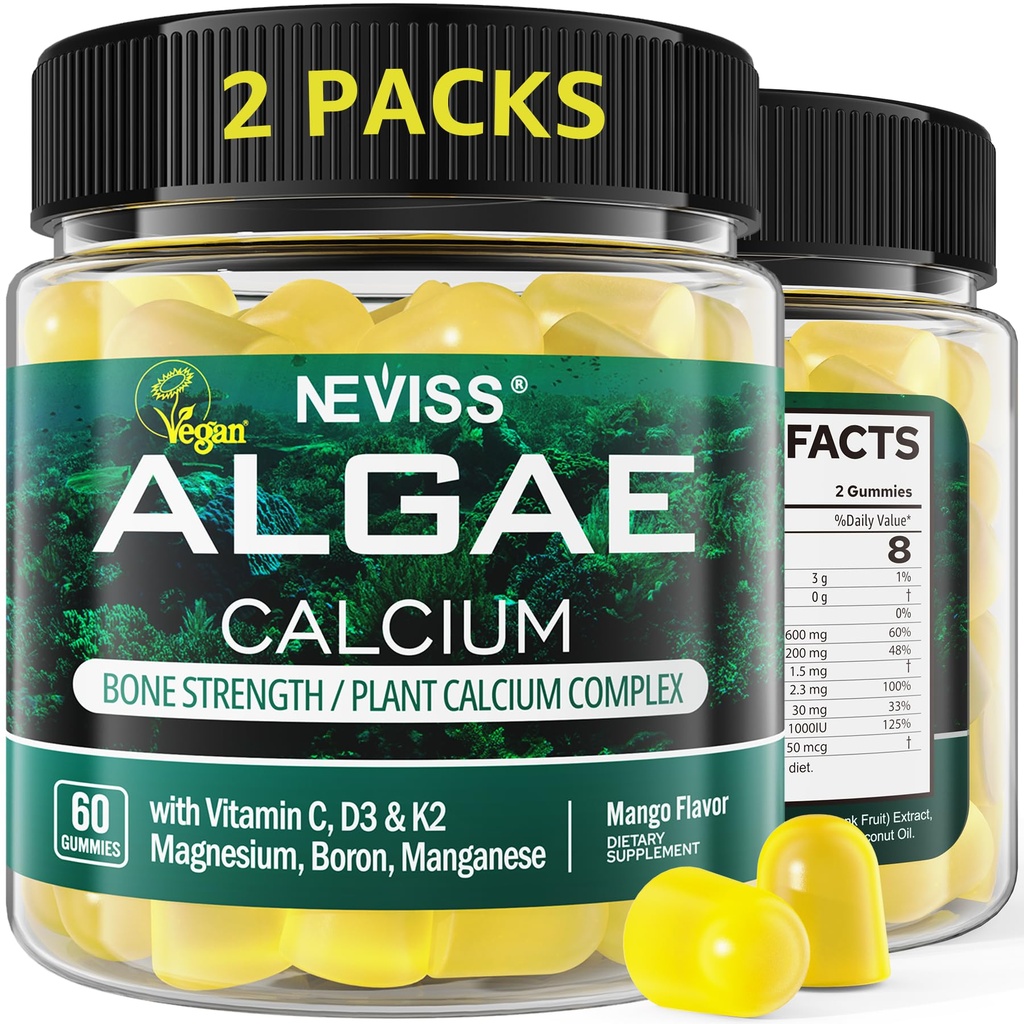 (2 Pack) Calcio Gummies for Women, Sugar Suplemento gratuito de Calcio de Algas Sostenibles (3a Parte Probada) con Vitamina D3 K2, C, Zinc, Boron, Manganese for Bone Strength, Calcium Absoption, Vegan