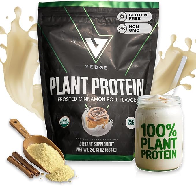 vedge Vegan Protein Powder - Plant Protein Powder with Pea, Pumpkin &amp; Sunflower - USDA Organic, Amino Acids, Dairy Free, Gluten Free, Soy Free, Keto, Non GMO, Smooth Texture - Cinnamon - 20 Servings