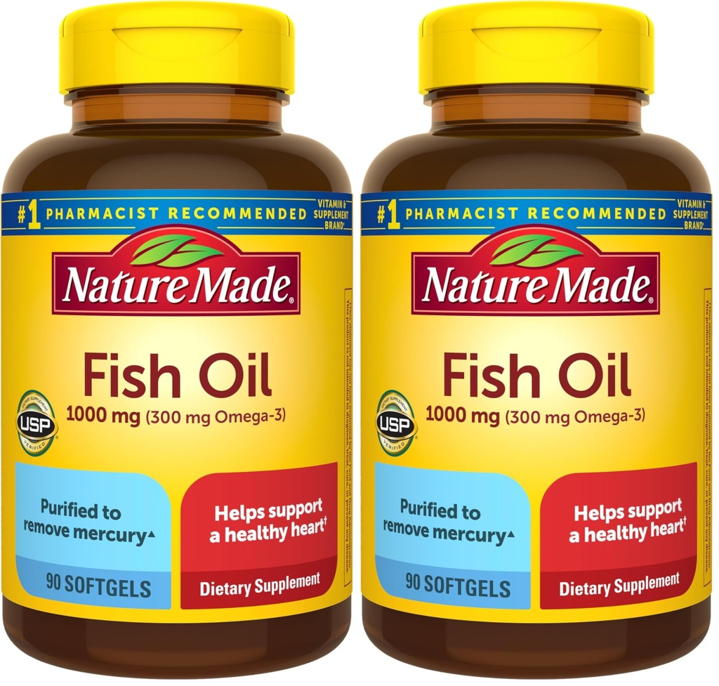 Nature Made Fish Oil Omega 3 Suplementos, 1000 mg Softgels, Omega 3 Fish Oil for Healthy Heart Support, 90 Softgels, 45 Day Supply (Pack of 2)