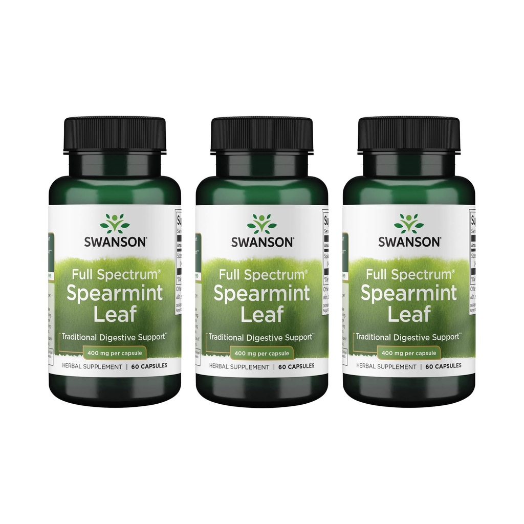 Swanson Spearmint Leaf (Mentha Spicata)-Full Spectrum Herbal Supplement Supporting Digestive Health & Mild Stomach Issues - (60 cápsulas, 400 mg cada uno) 3 Pack