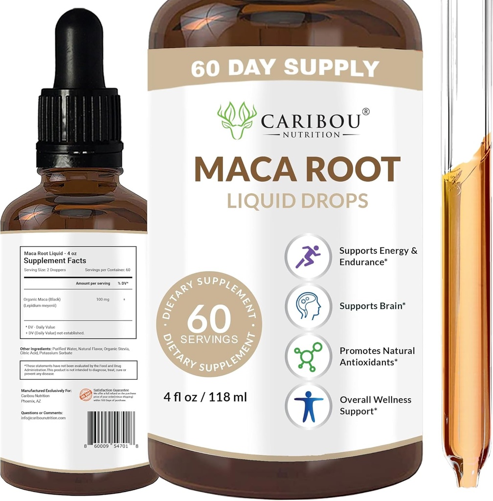 Maca Root Liquid Drops ← Premium Organic Maca Root Extract ← Maca Supplement for Enhanced Mood &amp; Vitality ← 60 Servings  4 Fl Oz