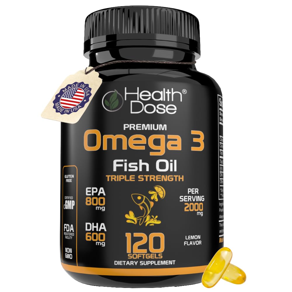 Dosis de salud Omega 3 aceite de pescado 2000mg – Softgeles con sabor a limón con EPA 800mg &amp; DHA 600mg para soporte de cerebro, corazón y bienestar – Easy-to-Digest, No Burps de pescado – 120 Softgels, 2-Month Supply