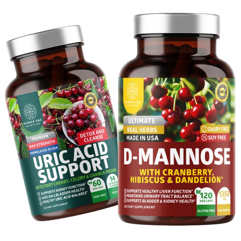 Nutrición N1N Premium D-Mannose con Cranberry & Hibiscus [1350mg], 120 cápsulas y Uric Acid Support con 14 hierbas de Potent, 60 cápsulas, 2 Pack Bundle