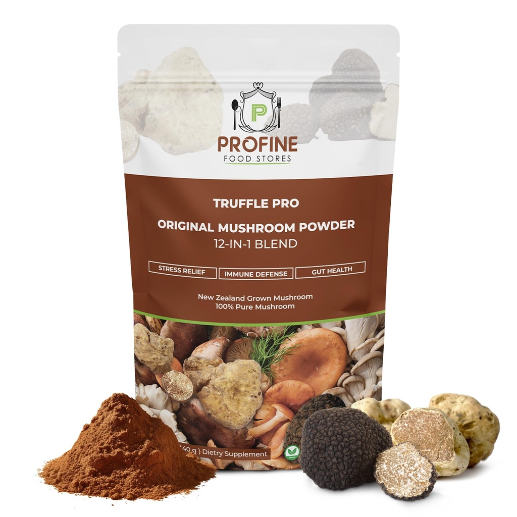PROFINE Truffle PRO Mushroom Powder 12- in - 1 Super Blend con Trufa Negra y Trufa Blanca - USDA Organic - Suplemento - Añadir a Café/Tea/Smoothies - Whole Mushrooms - Sin rellenos