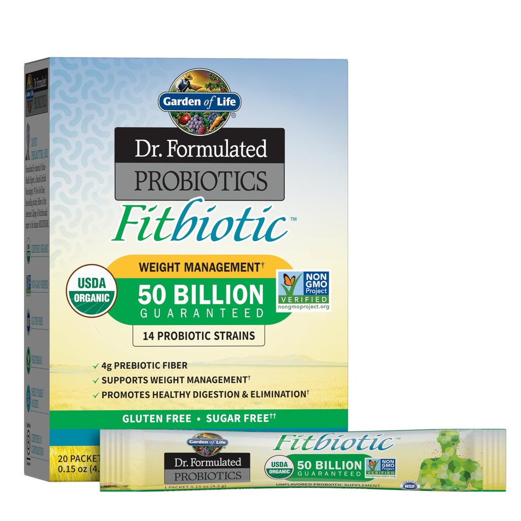 Jardín de la vida Dr. Probióticos Fórmulados Fitbiótico Peso Polvo, 50 Billones CFU " Prebiótico Fiber, Orgánica " Gut Digestivo Salud Probiótico Suplemento, 20 Single Serving Packets
