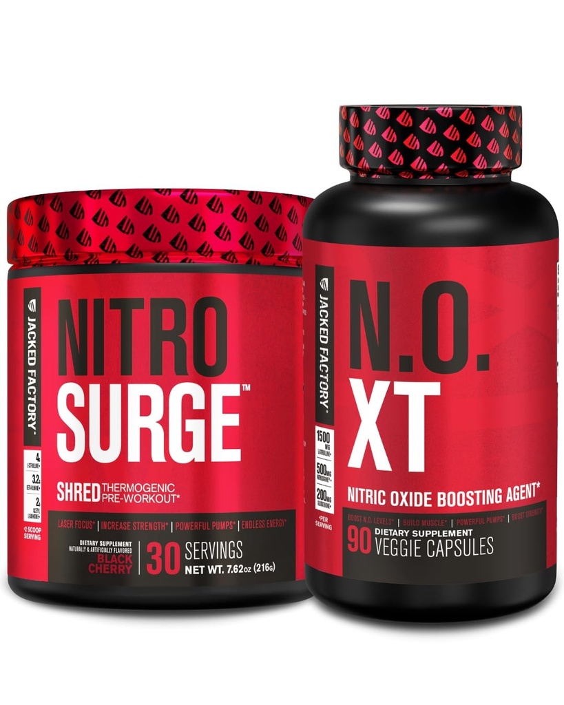 Jacked Factory Nitrosurge Shred Thermogenic Pre-Workout in Black Cherry &amp; N.O. XT Nitric Oxide Booster for Men &amp; Women