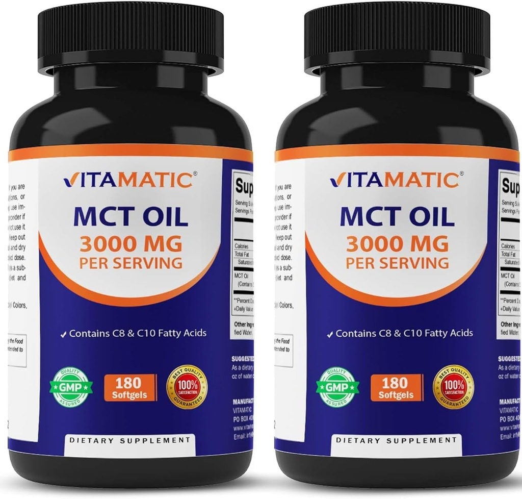 Vitamatic 2 Packs MCT Oil Capsules 3000 mg por Serving - 180 Softgels - de aceite de coco - Contiene 55% caprílico Acid C8 y 40% capric Acid C10 (Total 360 Softgel)