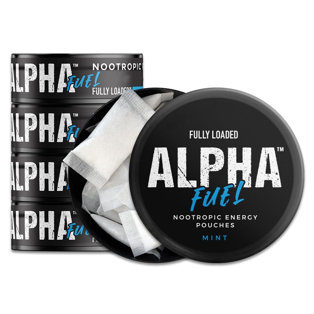 Totalmente cargado Alpha Fuel Nootropic Pouches (Mint Fuel) - 5 Cans, 15 Pouches por lata - Nootropic Energy Pouches with Caffeine, Alpha GPC, Tyrosine, Taurine, Guarana y Más.
